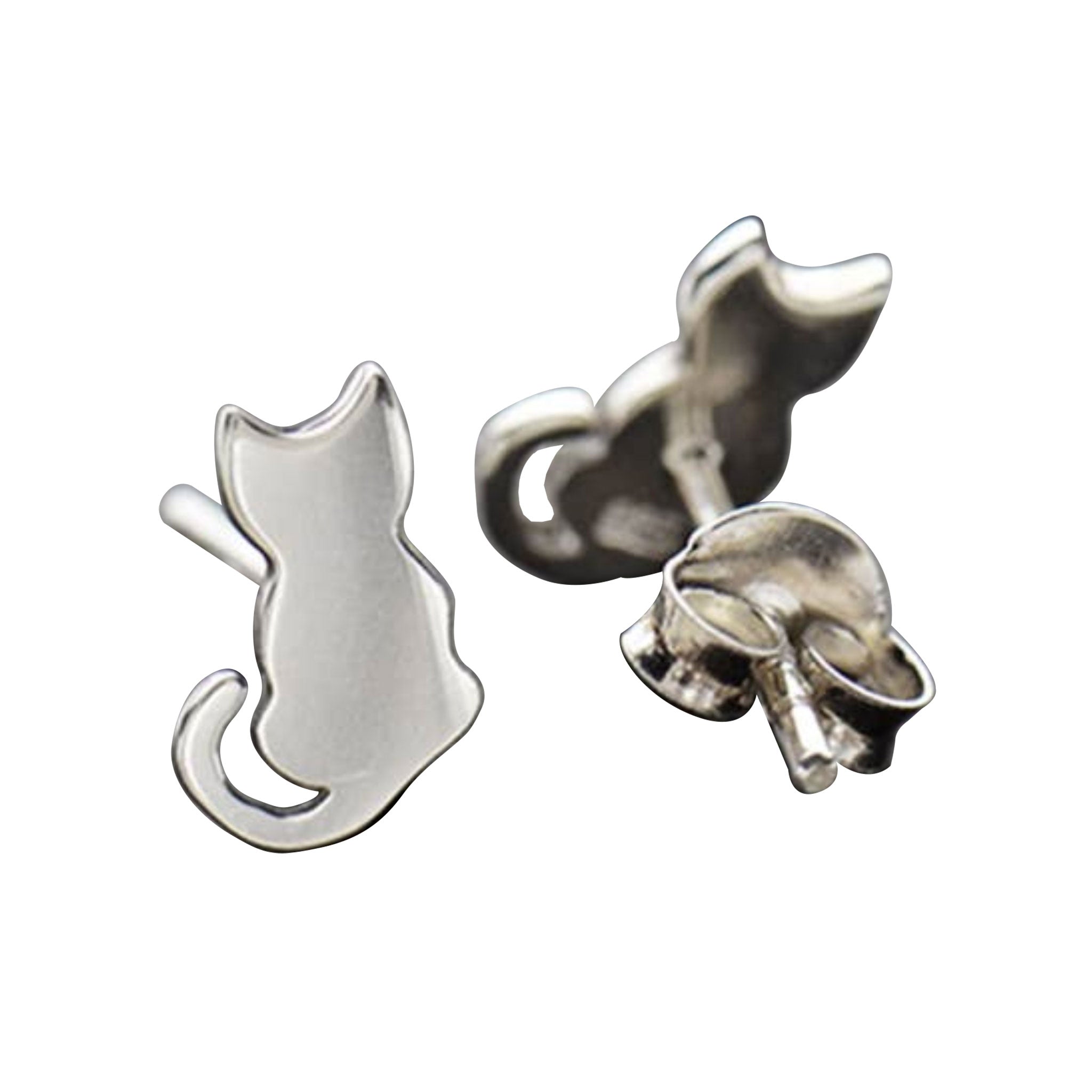 Sterling-silver recycled-silver accessories jewelry earring stud-earrings cat kitty kitten sitting curled-tail sweet timeless adorable fashion alt-fashion cat-lover pet-lover female femme feminine womens silver