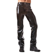 Latex rubber bottoms pants jeans straight-cut press-stud snap-button front-zip front-fly fly-zip zipper front-pockets back-pockets patch-pockets belt-loops authentic fetish fashion bdsm-fashion casual stylish style male masculine masc mens menswear guys dudes black