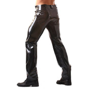 Latex rubber bottoms pants jeans straight-cut press-stud snap-button front-zip front-fly fly-zip zipper front-pockets back-pockets patch-pockets belt-loops authentic fetish fashion bdsm-fashion casual stylish style male masculine masc mens menswear guys dudes black