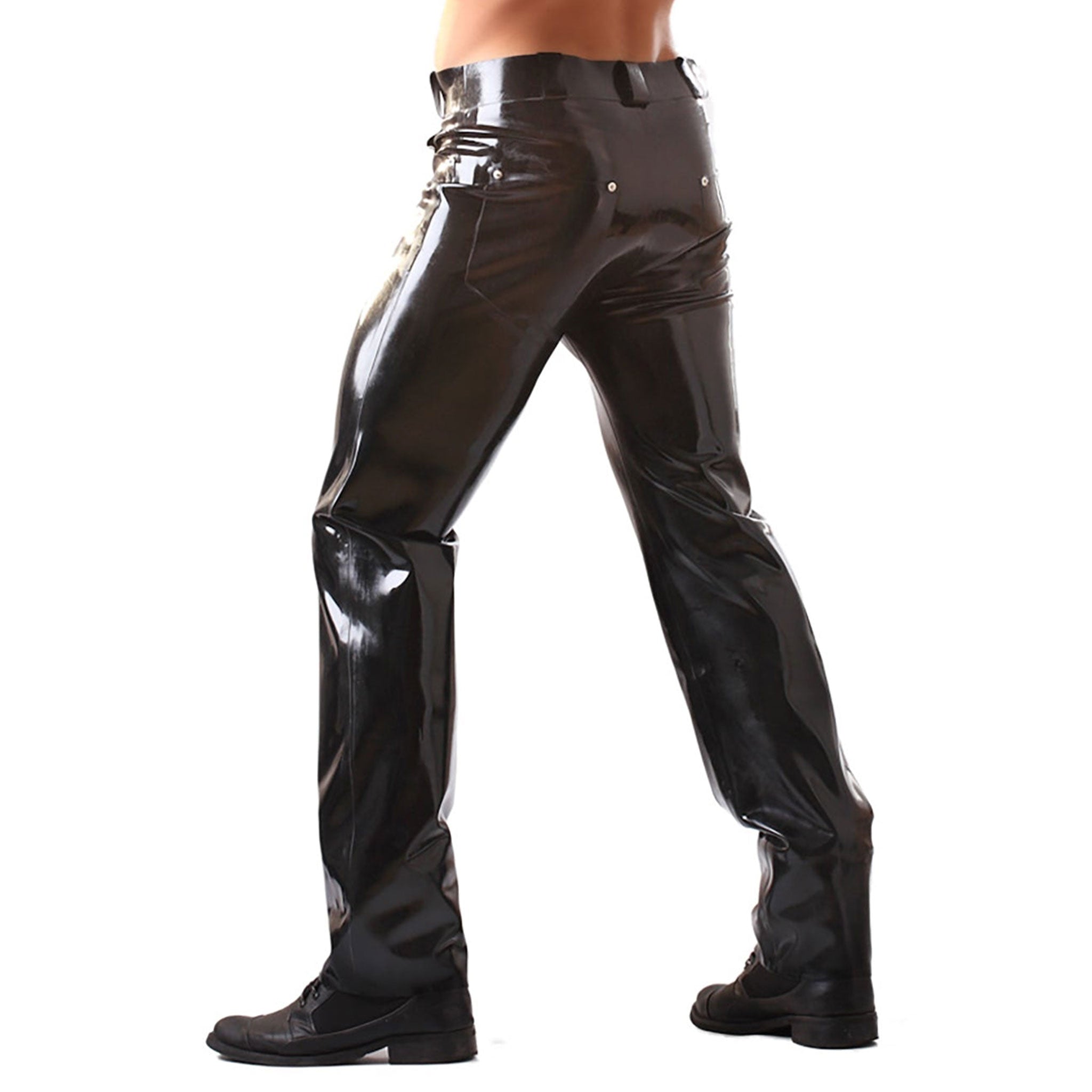Latex rubber bottoms pants jeans straight-cut press-stud snap-button front-zip front-fly fly-zip zipper front-pockets back-pockets patch-pockets belt-loops authentic fetish fashion bdsm-fashion casual stylish style male masculine masc mens menswear guys dudes black