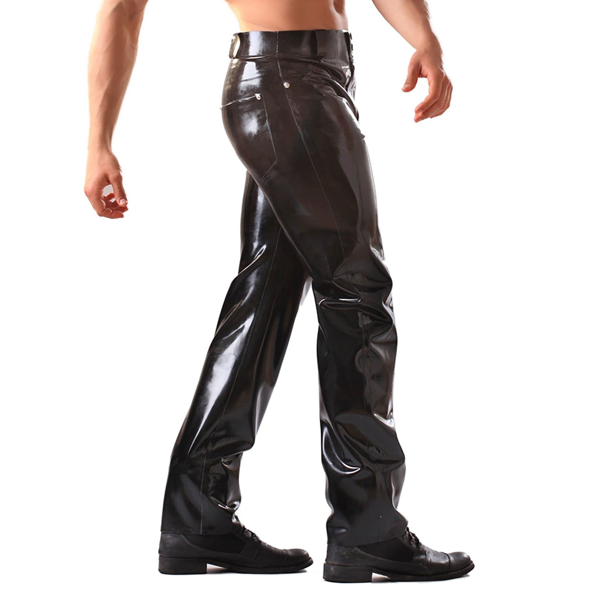 Latex rubber bottoms pants jeans straight-cut press-stud snap-button front-zip front-fly fly-zip zipper front-pockets back-pockets patch-pockets belt-loops authentic fetish fashion bdsm-fashion casual stylish style male masculine masc mens menswear guys dudes black