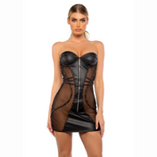 strapless wetlook mini dress vegan leather mesh underwire balconette cups waist cincher straps studded zipper detail fetish party outfit