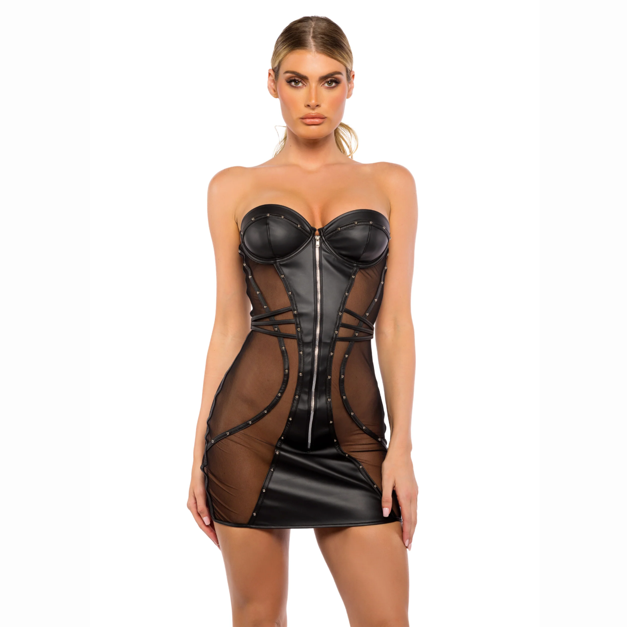 strapless wetlook mini dress vegan leather mesh underwire balconette cups waist cincher straps studded zipper detail fetish party outfit