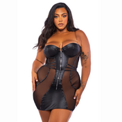 strapless wetlook mini dress vegan leather mesh underwire balconette cups waist cincher straps studded zipper detail fetish party outfit
