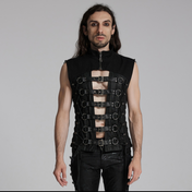 punk rave half cut waistcoat black mesh biker vest zipper closure oversized buckles metal rings d buckle rubberized twill gothic punk alternative fashion vest