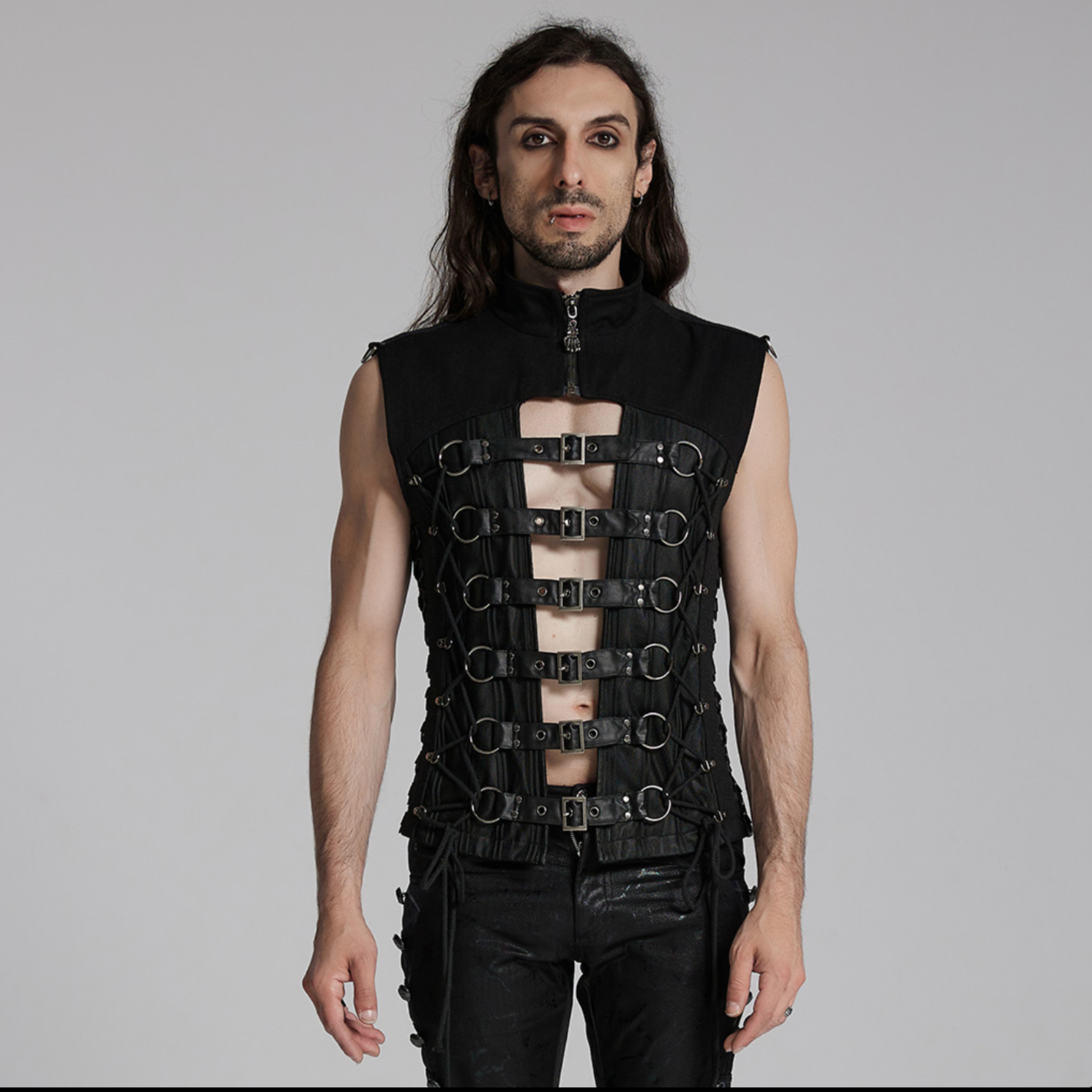 punk rave half cut waistcoat black mesh biker vest zipper closure oversized buckles metal rings d buckle rubberized twill gothic punk alternative fashion vest