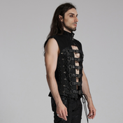 punk rave half cut waistcoat black mesh biker vest zipper closure oversized buckles metal rings d buckle rubberized twill gothic punk alternative fashion vest