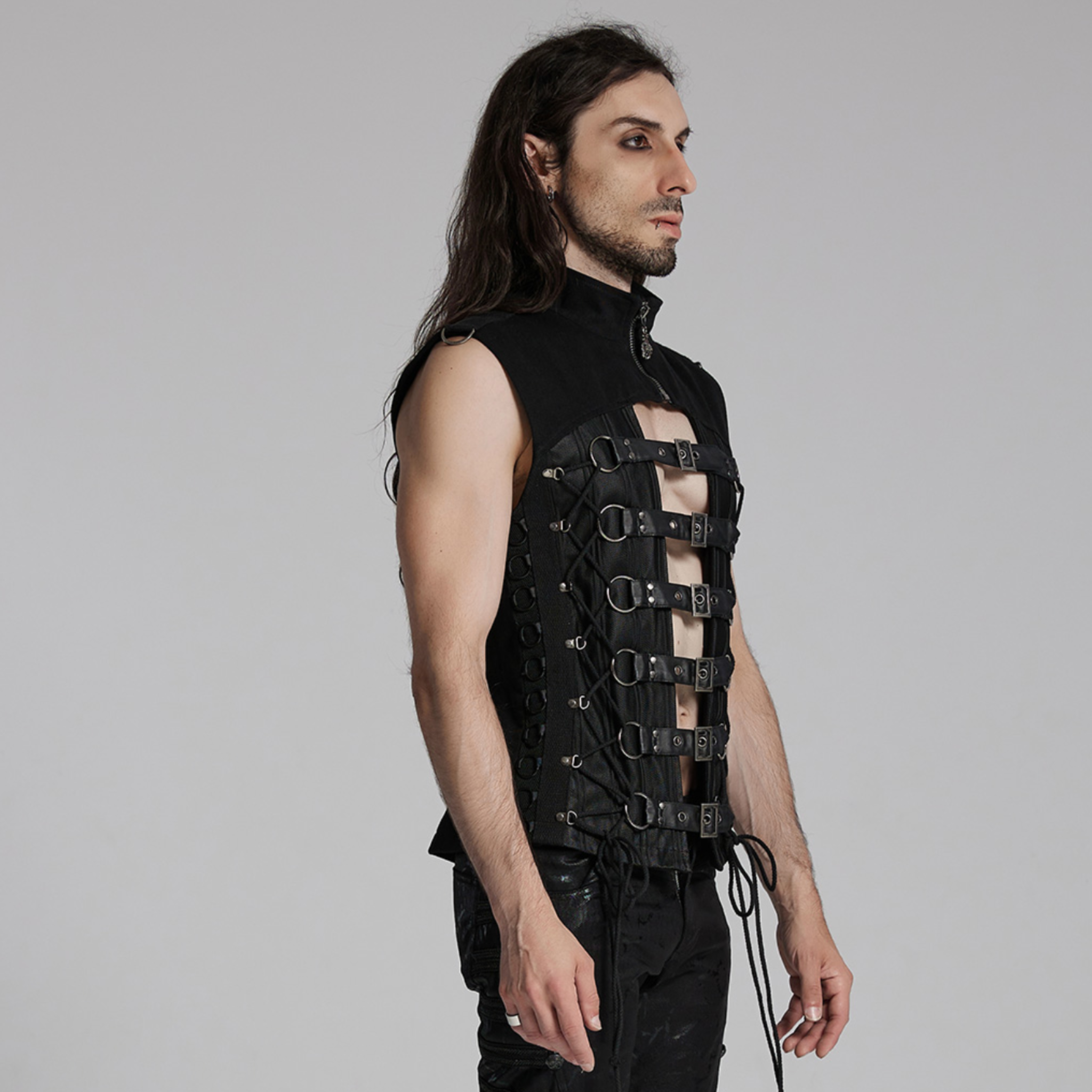 punk rave half cut waistcoat black mesh biker vest zipper closure oversized buckles metal rings d buckle rubberized twill gothic punk alternative fashion vest