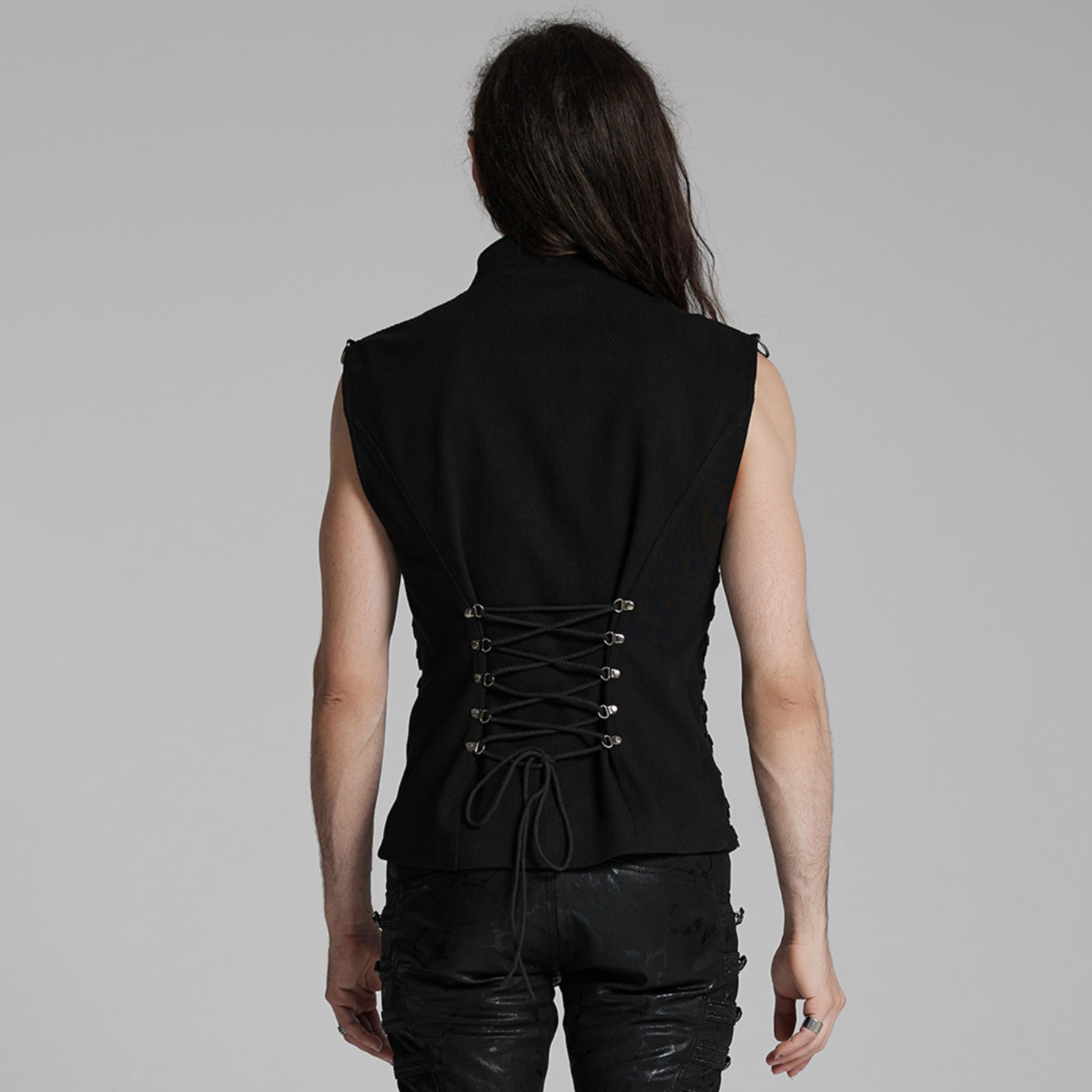 punk rave half cut waistcoat black mesh biker vest zipper closure oversized buckles metal rings d buckle rubberized twill gothic punk alternative fashion vest
