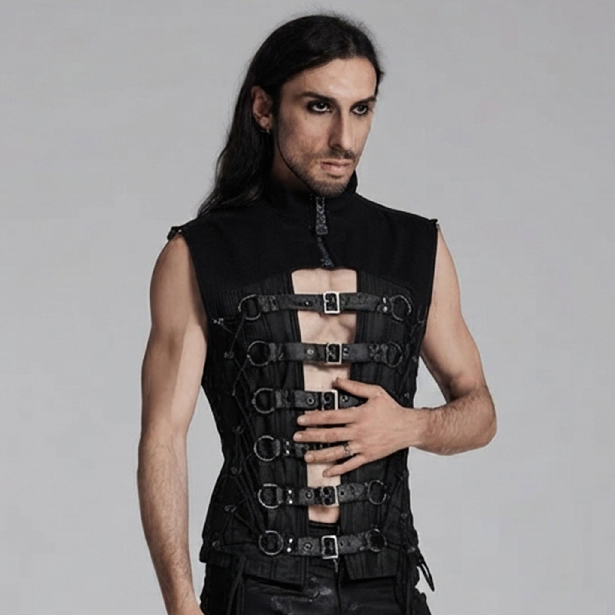 Cotton twill polyester woven mesh fishnet non-stretchy rubberized apparel tops sleeveless vest hollow-front D-ring lace-up adjustable buckle fitted zipper short-zip high-collar bold rugged industrial fetish fashion alt-fashion alternative goth gothic cyber cyberpunk punk biker dark-punk black-metal dark-fantasy dark-raver clubwear stagewear costume cosplay halloween larp afterdark-collection male masculine masc mens guys dudes black