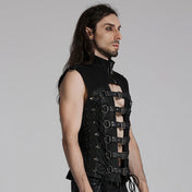 Cotton twill polyester woven mesh fishnet non-stretchy rubberized apparel tops sleeveless vest hollow-front D-ring lace-up adjustable buckle fitted zipper short-zip high-collar bold rugged industrial fetish fashion alt-fashion alternative goth gothic cyber cyberpunk punk biker dark-punk black-metal dark-fantasy dark-raver clubwear stagewear costume cosplay halloween larp afterdark-collection male masculine masc mens guys dudes black