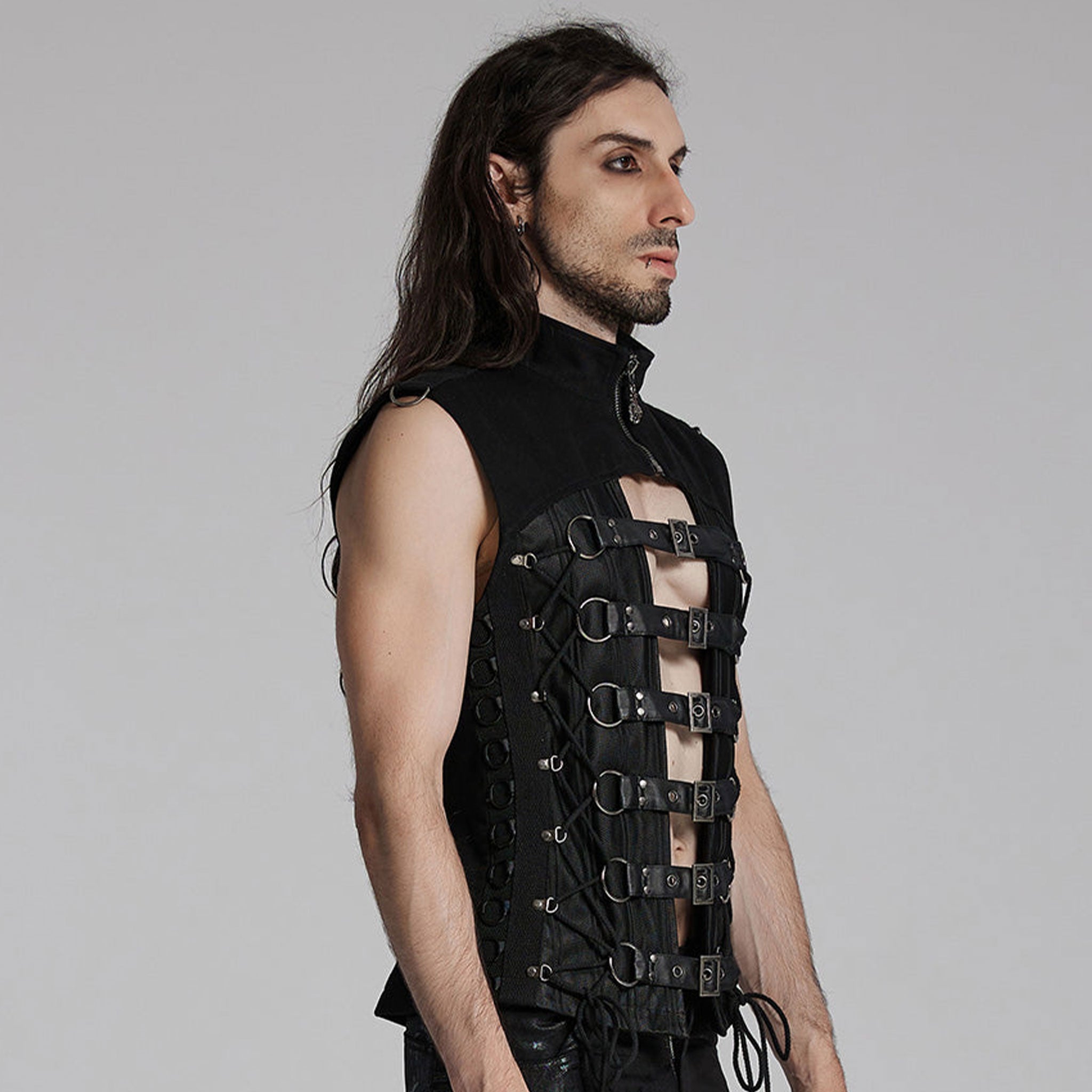 Cotton twill polyester woven mesh fishnet non-stretchy rubberized apparel tops sleeveless vest hollow-front D-ring lace-up adjustable buckle fitted zipper short-zip high-collar bold rugged industrial fetish fashion alt-fashion alternative goth gothic cyber cyberpunk punk biker dark-punk black-metal dark-fantasy dark-raver clubwear stagewear costume cosplay halloween larp afterdark-collection male masculine masc mens guys dudes black
