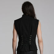 Cotton twill polyester woven mesh fishnet non-stretchy rubberized apparel tops sleeveless vest hollow-front D-ring lace-up adjustable buckle fitted zipper short-zip high-collar bold rugged industrial fetish fashion alt-fashion alternative goth gothic cyber cyberpunk punk biker dark-punk black-metal dark-fantasy dark-raver clubwear stagewear costume cosplay halloween larp afterdark-collection male masculine masc mens guys dudes black
