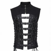 Cotton twill polyester woven mesh fishnet non-stretchy rubberized apparel tops sleeveless vest hollow-front D-ring lace-up adjustable buckle fitted zipper short-zip high-collar bold rugged industrial fetish fashion alt-fashion alternative goth gothic cyber cyberpunk punk biker dark-punk black-metal dark-fantasy dark-raver clubwear stagewear costume cosplay halloween larp afterdark-collection male masculine masc mens guys dudes black