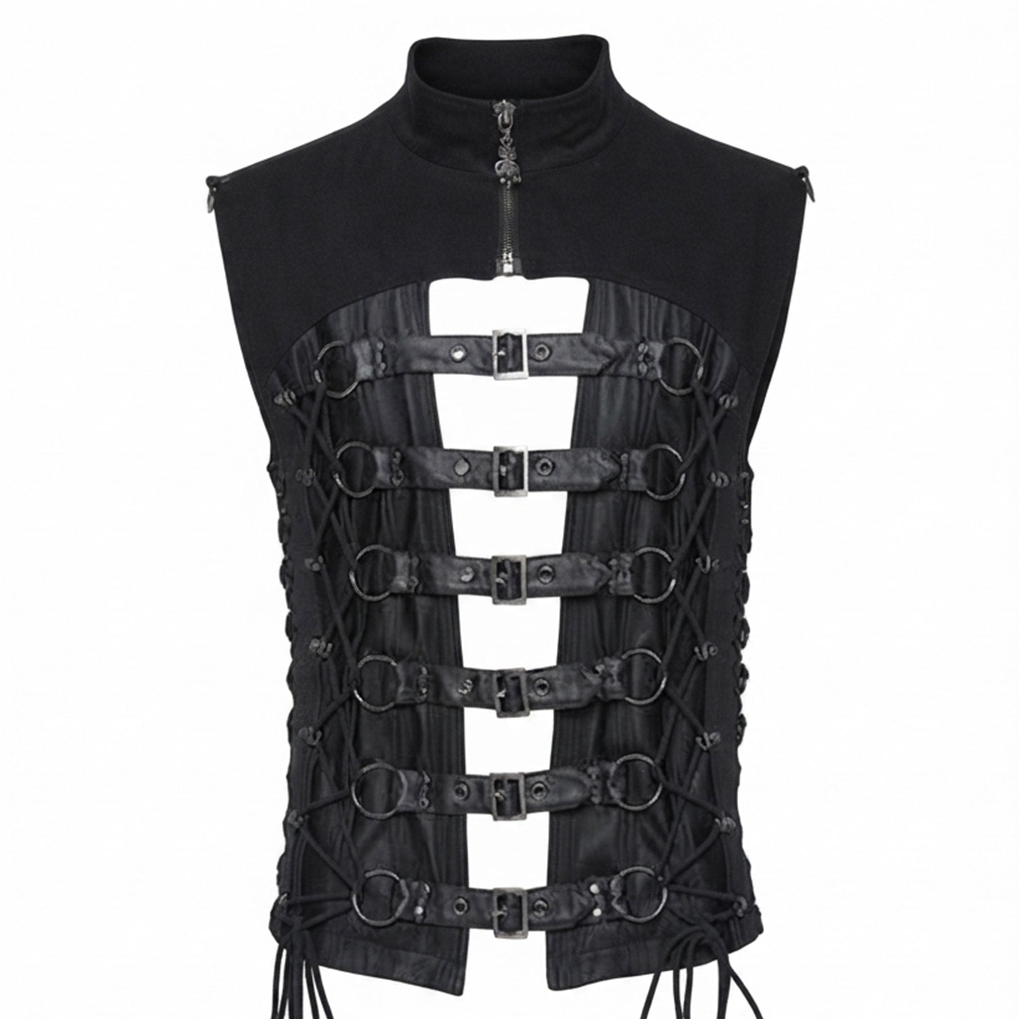 Cotton twill polyester woven mesh fishnet non-stretchy rubberized apparel tops sleeveless vest hollow-front D-ring lace-up adjustable buckle fitted zipper short-zip high-collar bold rugged industrial fetish fashion alt-fashion alternative goth gothic cyber cyberpunk punk biker dark-punk black-metal dark-fantasy dark-raver clubwear stagewear costume cosplay halloween larp afterdark-collection male masculine masc mens guys dudes black
