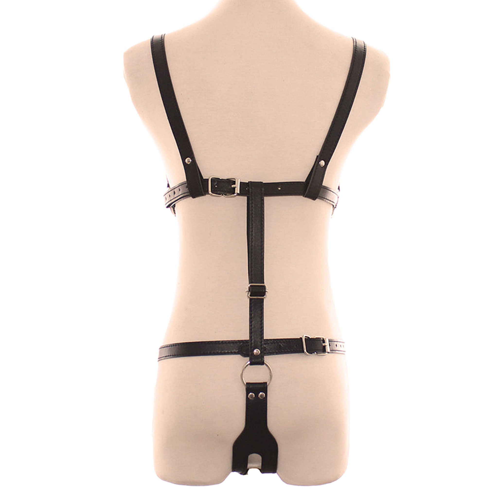 PVC vegan-leather leather apparel harness body-harness teddy cage-teddy open-cup open-crotch crotch-slit studded studs O-ring anchor sleeveless adjustable buckle strappy breathable fetish fashion alt-fashion dominatrix dom domina bedroom bondage bdsm bdsm-gear domination roleplay role-play costume cosplay halloween female femme feminine womens black