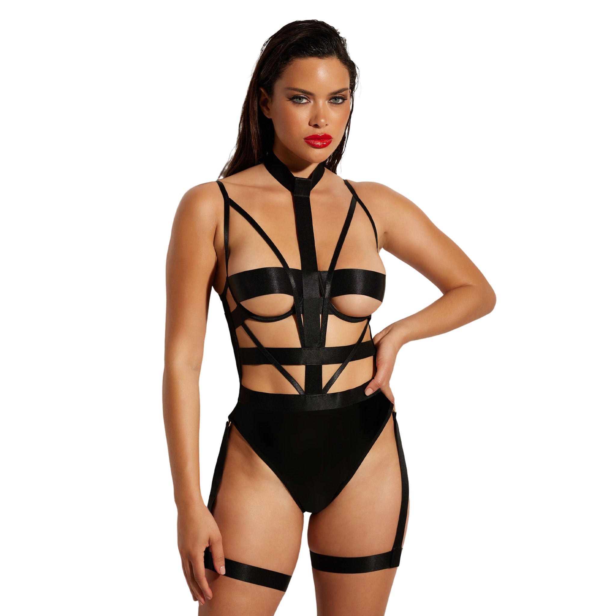 Vinyl polyurethane elastane polyester intimates lingerie teddy one-piece bodysuit open-back panty panties strappy cage halter-style collar peekaboo peek-a-boo garter garter-straps chap-garters swanhook swan-hook hook-and-eye detachable stretchy female femme feminine women halloween seductive escapism yearning black