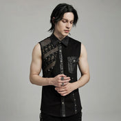 Cotton elastane polyester faux-leather fishnet fish-net mesh apparel top sleeveless vest laced-sides mesh-splice strappy rivet-detail eyelet-accent button-up front-closure skull-button collared lapels fitted soft flexible edgy dark fetish fashion alt-fashion punk goth gothic cyber clubbing clubwear industrial costume cosplay halloween spooky afterdark male masculine masc mens guys dudes black