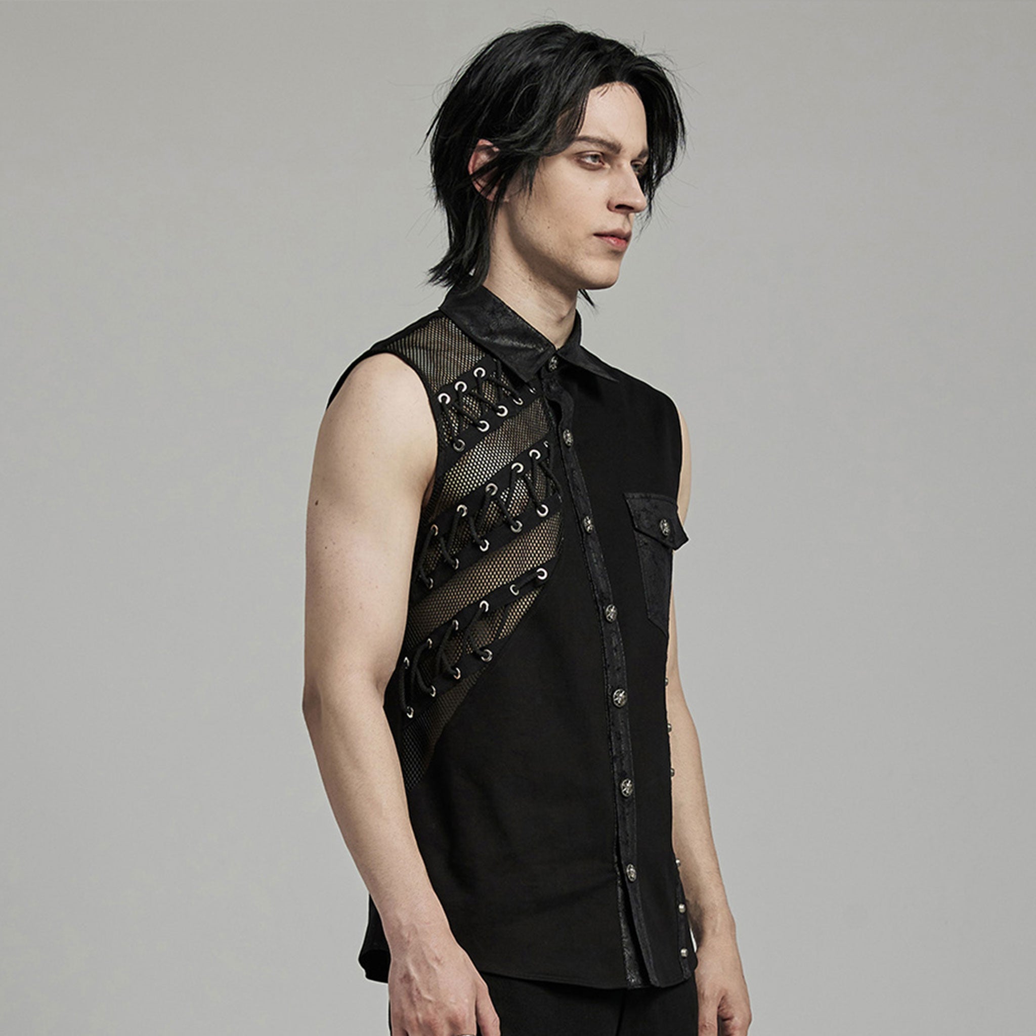 Cotton elastane polyester faux-leather fishnet fish-net mesh apparel top sleeveless vest laced-sides mesh-splice strappy rivet-detail eyelet-accent button-up front-closure skull-button collared lapels fitted soft flexible edgy dark fetish fashion alt-fashion punk goth gothic cyber clubbing clubwear industrial costume cosplay halloween spooky afterdark male masculine masc mens guys dudes black