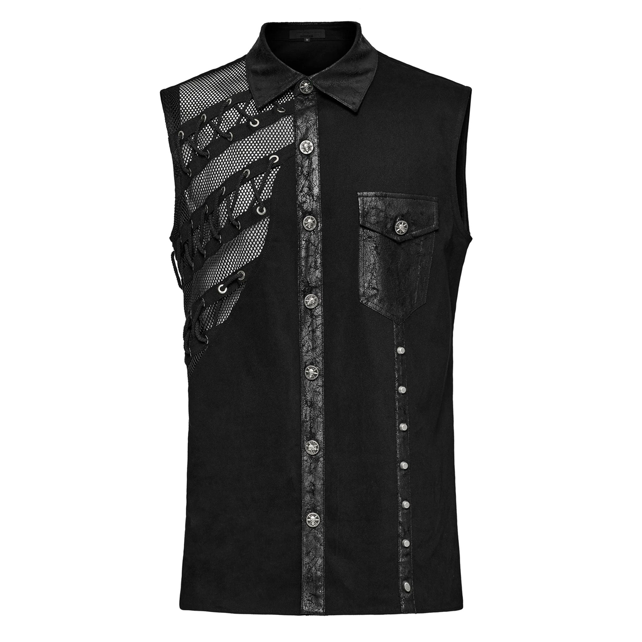 Cotton elastane polyester faux-leather fishnet fish-net mesh apparel top sleeveless vest laced-sides mesh-splice strappy rivet-detail eyelet-accent button-up front-closure skull-button collared lapels fitted soft flexible edgy dark fetish fashion alt-fashion punk goth gothic cyber clubbing clubwear industrial costume cosplay halloween spooky afterdark male masculine masc mens guys dudes black