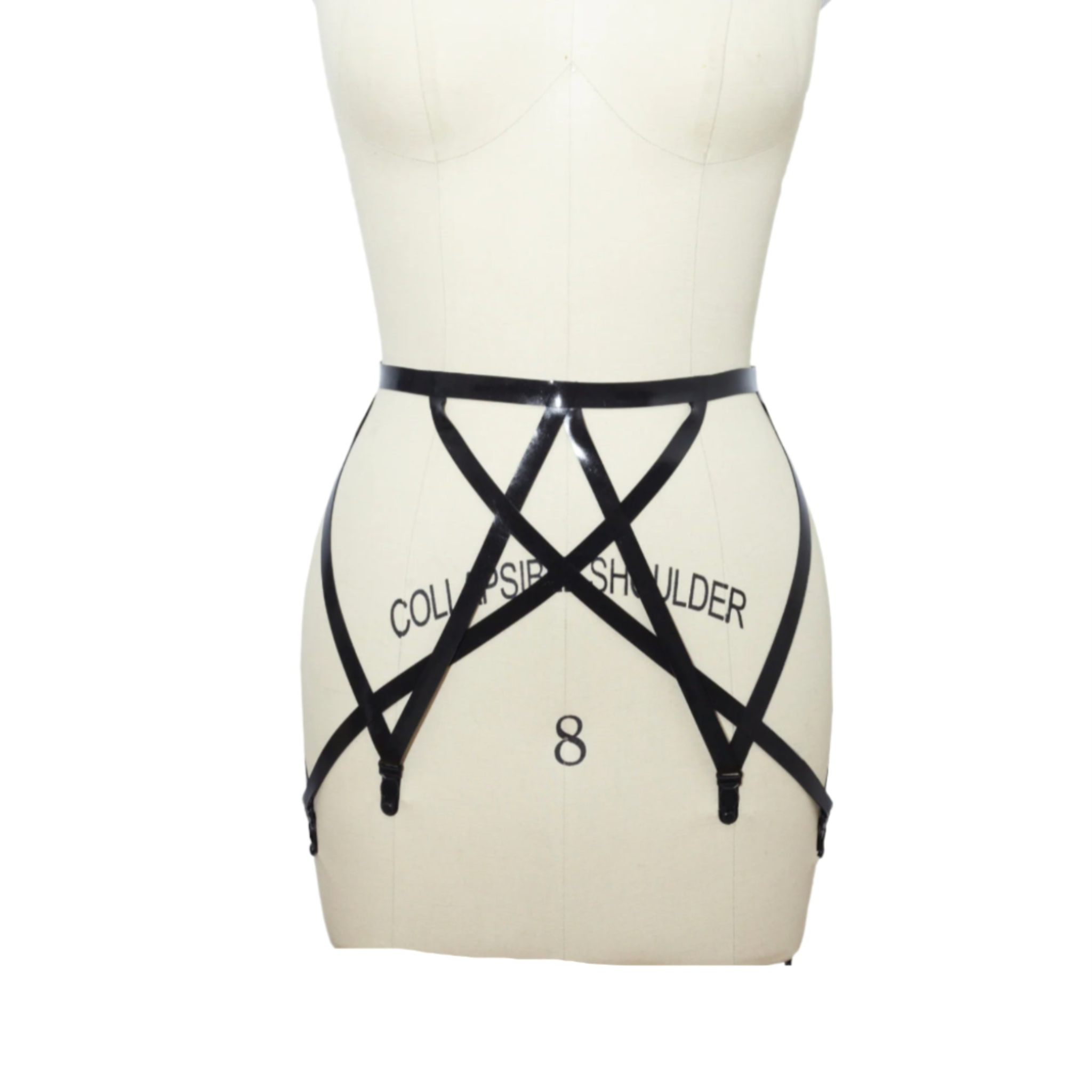 strappy latex garter belt, seductive latex garter, adjustable latex belt, fetish garter belt, bold latex cutout design, stocking garter belt, latex fashion accessory