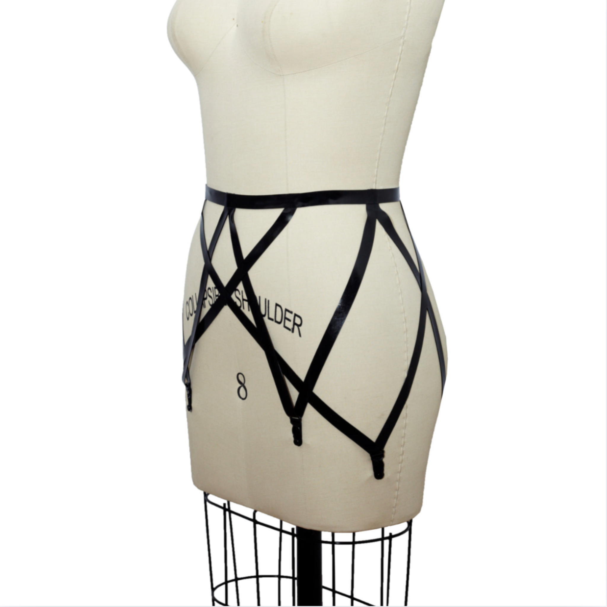 strappy latex garter belt, seductive latex garter, adjustable latex belt, fetish garter belt, bold latex cutout design, stocking garter belt, latex fashion accessory