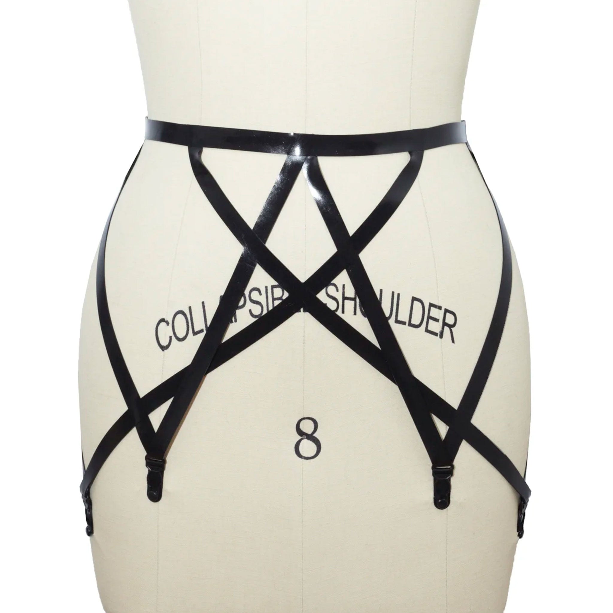 Latex rubber natural-latex natural-rubber latex-sheeting accessories intimates lingerie latex-lingerie garter-belt slide-clips adjustable cutout cut-out secure-clasp bra-clasp bikini-hook bold strappy sleek sculpted edgy fetish fashion alt-fashion alternative punk goth gothic cyber cyberpunk bedroom dungeon kink kinky kinkwear female femme feminine womens black