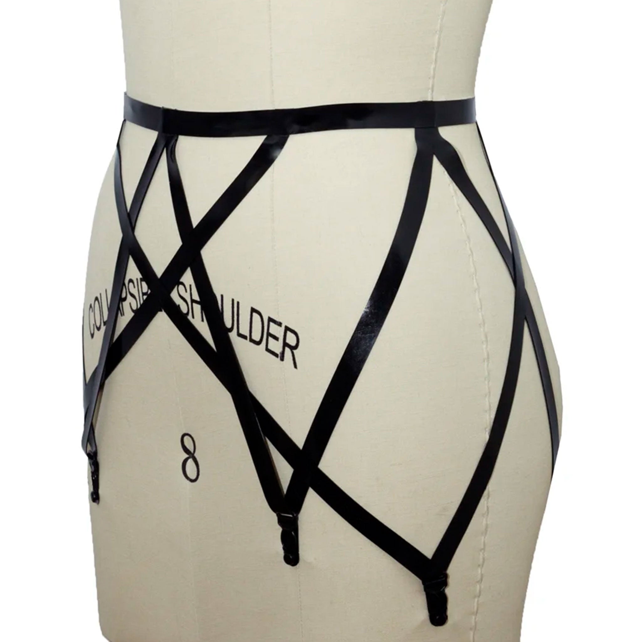 Latex rubber natural-latex natural-rubber latex-sheeting accessories intimates lingerie latex-lingerie garter-belt slide-clips adjustable cutout cut-out secure-clasp bra-clasp bikini-hook bold strappy sleek sculpted edgy fetish fashion alt-fashion alternative punk goth gothic cyber cyberpunk bedroom dungeon kink kinky kinkwear female femme feminine womens black