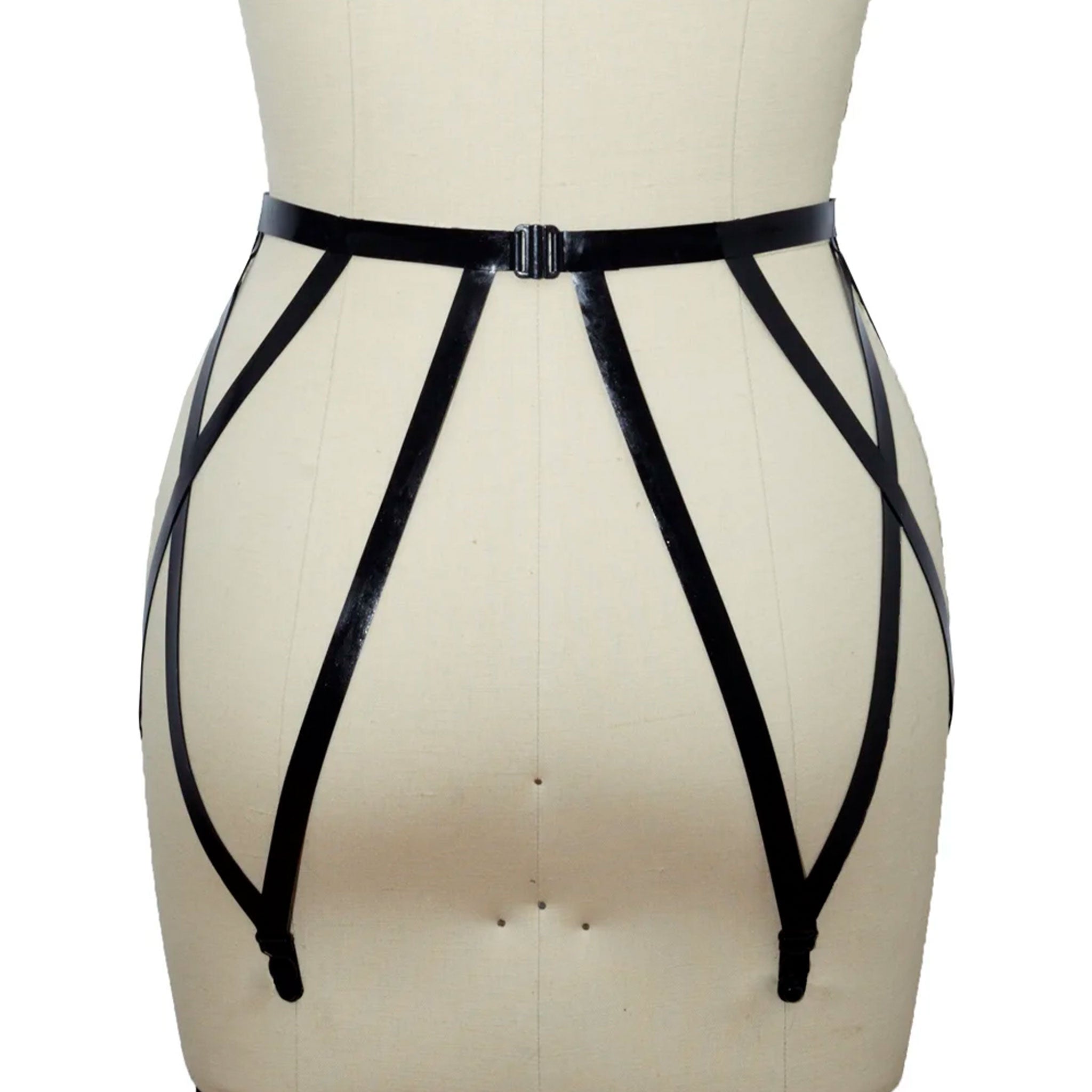 Latex rubber natural-latex natural-rubber latex-sheeting accessories intimates lingerie latex-lingerie garter-belt slide-clips adjustable cutout cut-out secure-clasp bra-clasp bikini-hook bold strappy sleek sculpted edgy fetish fashion alt-fashion alternative punk goth gothic cyber cyberpunk bedroom dungeon kink kinky kinkwear female femme feminine womens black