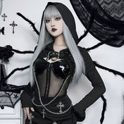 Spandex polyester leather faux-leather apparel top bolero longsleeve long-sleeve sleeves sleeved thumbhole-sleeves thumbhole-cuffs hooded hoodie hanging-chain chain lobster-clasp removable detachable snake-clasp studs studded stretchy shiny slim-fit scaly fashion alt-fashion alternative punk goth gothic gothic-doll cyber cyber-punk cyberpunk street-fashion street-style costume cosplay halloween female femme feminine womens black