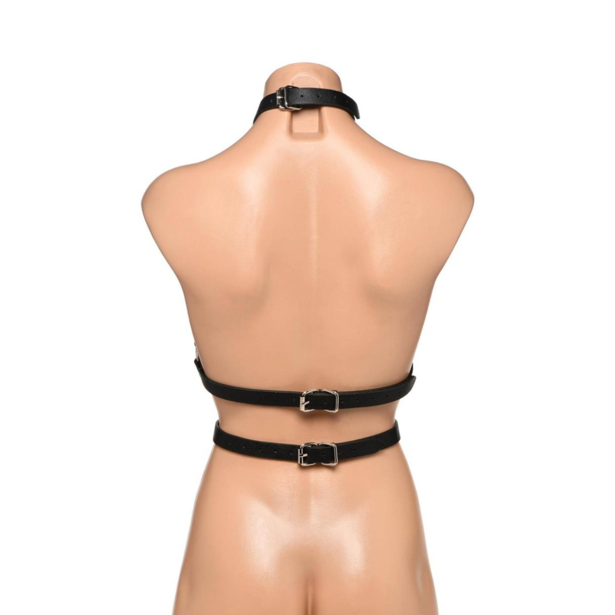 Strict female body harness black PU leather, open breast collar harness with O-rings, adjustable faux leather harness for bondage, vegan fetish gear women’s body strap, dominant submissive play accessory, Fetish Factory strap harness
