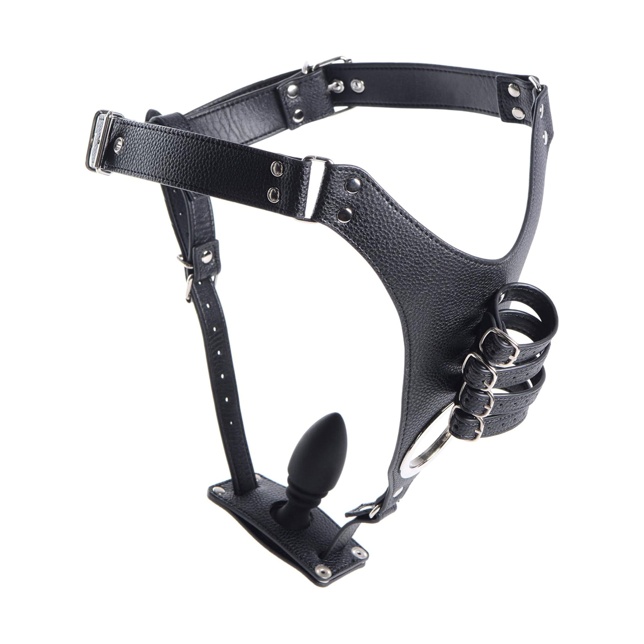 Leather PU-leather silicone nickel-free metallic accessories harness restraint chastity male-chastity penis-straps penis cock crotch package anal anal-plug plug butt-plug buttplug penetration waist crotch-strap removable adjustable strap-in strap-down strap-on strapon bdsm bondage kink kinky kinky-play strict sissy adult-toys couples black