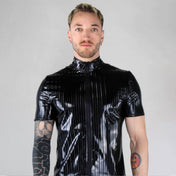 PVC vinyl PU polyurethane PES polyester elastane apparel top shirt pin-stripe pinstripe stripes striped contrast-stripes turtleneck shortsleeve short-sleeve sleeves sleeved zipper front-zip glossy shiny matte bold sophisticated fetish fashion alt-fashion punk goth gothic cyber clubbing clubwear kink kinky kinkwear male masculine masc mens guys dudes black