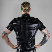 PVC vinyl PU polyurethane PES polyester elastane apparel top shirt pin-stripe pinstripe stripes striped contrast-stripes turtleneck shortsleeve short-sleeve sleeves sleeved zipper front-zip glossy shiny matte bold sophisticated fetish fashion alt-fashion punk goth gothic cyber clubbing clubwear kink kinky kinkwear male masculine masc mens guys dudes black