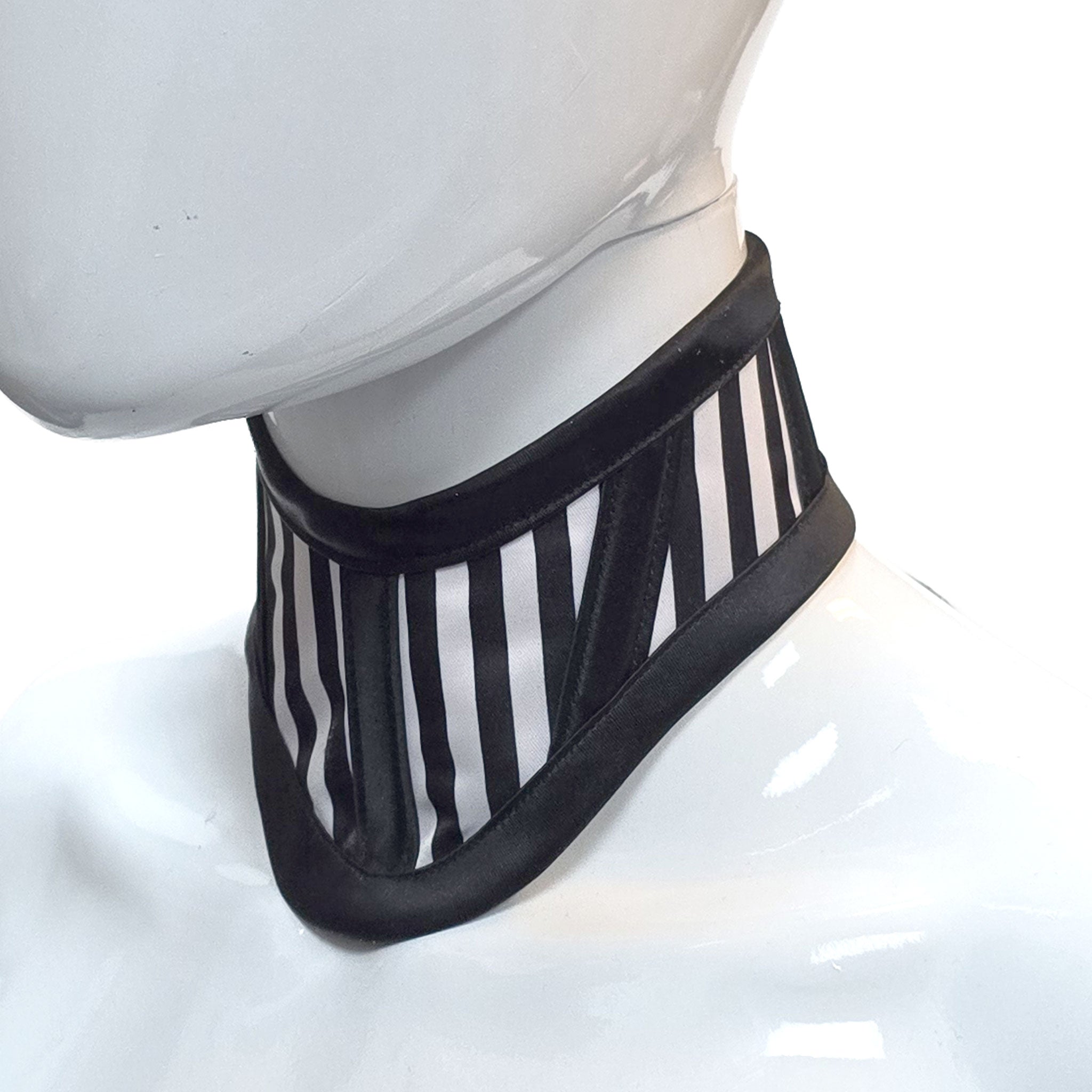 Satin nylon-cording grommets accessories neckwear collar choker posture-collar plastic-boning corset-style lacing back-closure elegant supple mid-weight structure sophistication ergonomic contoured form-fitting fetish fashion alt-fashion alternative punk goth gothic cyber cyberpunk festivalwear burning-man rave raver-babe bondage bdsm bdsm-fashion kink kinky kinkwear costume cosplay halloween unisex black white stripes 