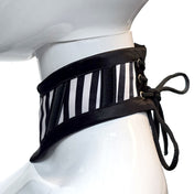 Satin nylon-cording grommets accessories neckwear collar choker posture-collar plastic-boning corset-style lacing back-closure elegant supple mid-weight structure sophistication ergonomic contoured form-fitting fetish fashion alt-fashion alternative punk goth gothic cyber cyberpunk festivalwear burning-man rave raver-babe bondage bdsm bdsm-fashion kink kinky kinkwear costume cosplay halloween unisex black white stripes 