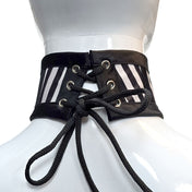 Satin nylon-cording grommets accessories neckwear collar choker posture-collar plastic-boning corset-style lacing back-closure elegant supple mid-weight structure sophistication ergonomic contoured form-fitting fetish fashion alt-fashion alternative punk goth gothic cyber cyberpunk festivalwear burning-man rave raver-babe bondage bdsm bdsm-fashion kink kinky kinkwear costume cosplay halloween unisex black white stripes 