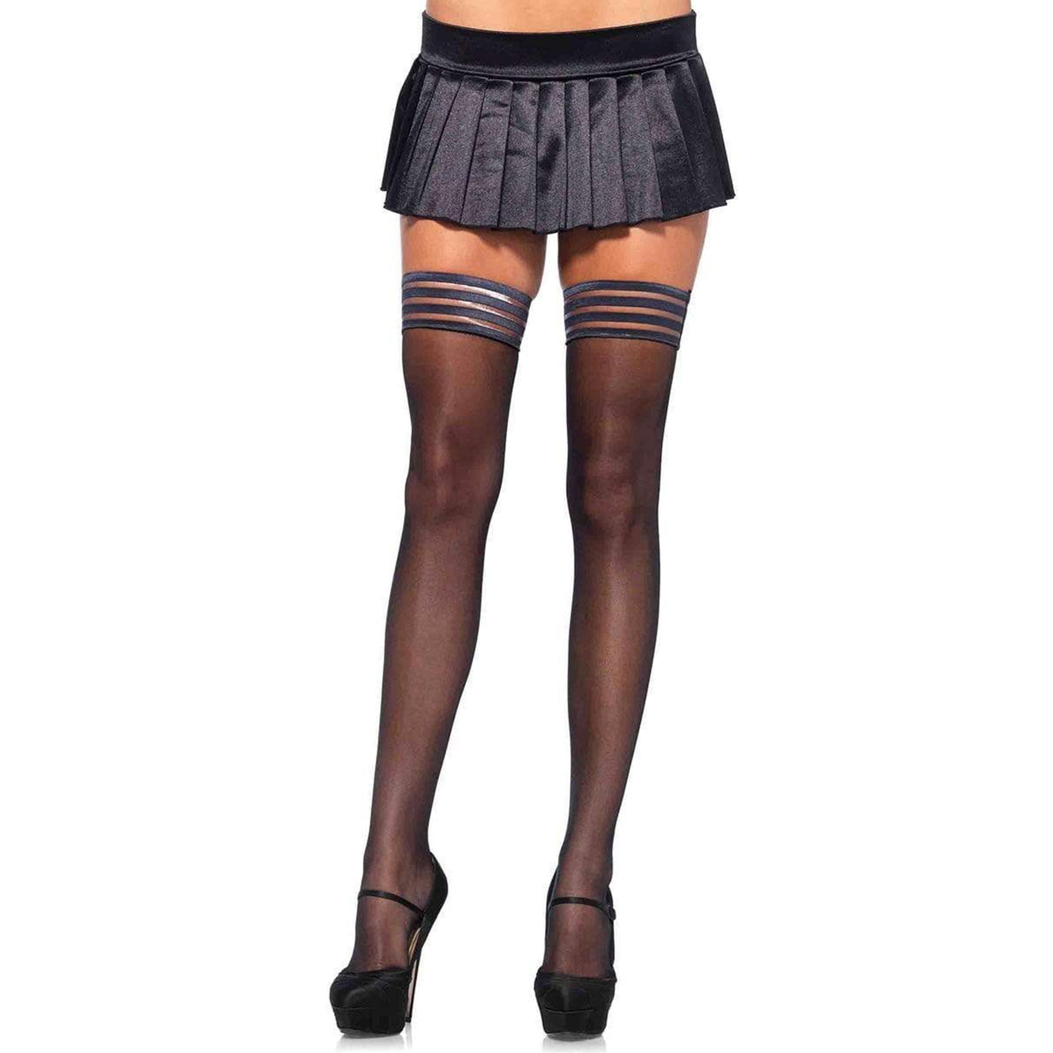 Nylon spandex hosiery stockings thigh-high thigh-hi thigh high sheer striped top 3-inch 3in silicone stay-up sporty sexy bold female femme feminine women accessories black
