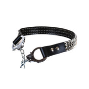 Leather vegan belt studded studs pyramid three-row 3-row handcuffs hand-cuffs locking lock stainless-steel chain law-enforcement alt-fashion fetish-fashion fashion accessories black silver XL