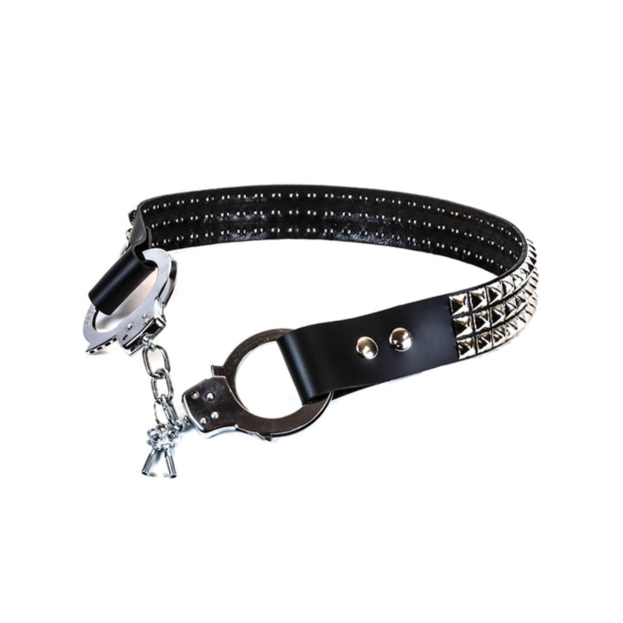Leather vegan belt studded studs pyramid three-row 3-row handcuffs hand-cuffs locking lock stainless-steel chain law-enforcement alt-fashion fetish-fashion fashion accessories black silver XL