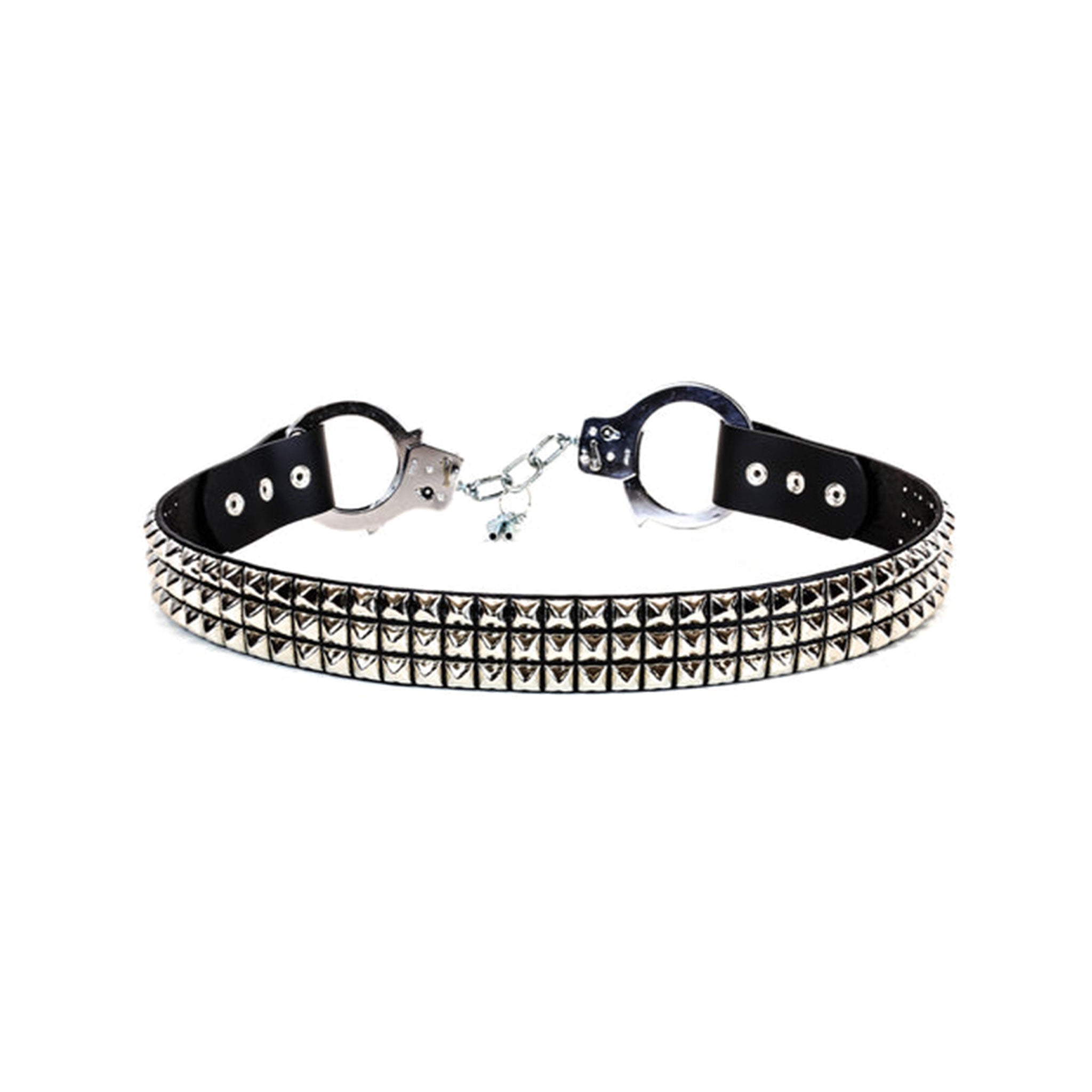 Leather vegan belt studded studs pyramid three-row 3-row handcuffs hand-cuffs locking lock stainless-steel chain law-enforcement alt-fashion fetish-fashion fashion accessories black silver XL