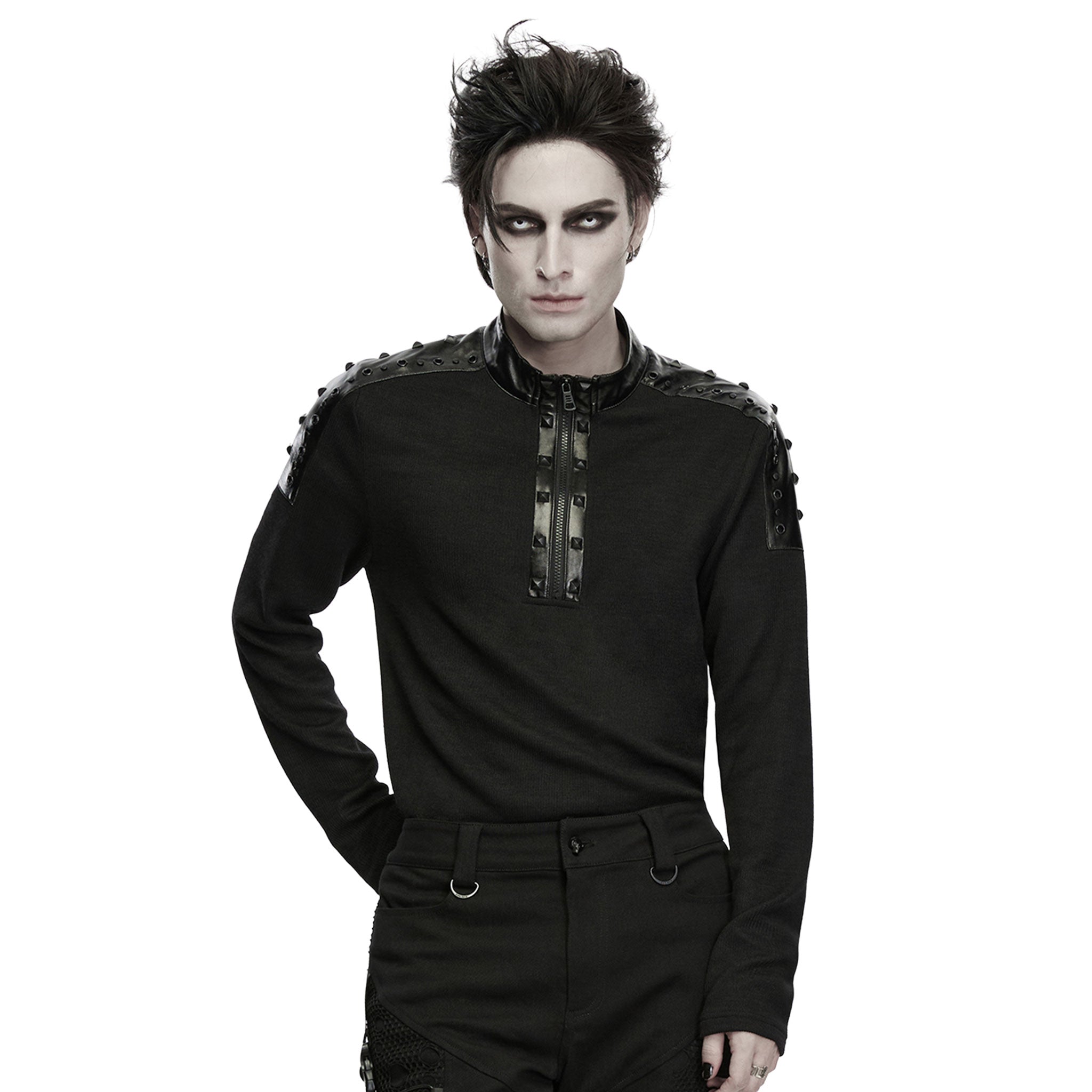 Polyester elastane knit-fabric viscose polyamide faux-leather apparel top shirt long-sleeve sleeves sleeved high-neck mock studs studded pyramid-studs nail-head eyelets zipper front-zip half-zip slim-fit soft stretchy shiny glossy textured layered fitted insulating comfortable smooth edgy fashion alt-fashion alternative punk rock goth gothic cyber heavy-metal industrial darkwear dark costume cosplay halloween afterdark-collection male masculine mas mens menswear guys dudes black
