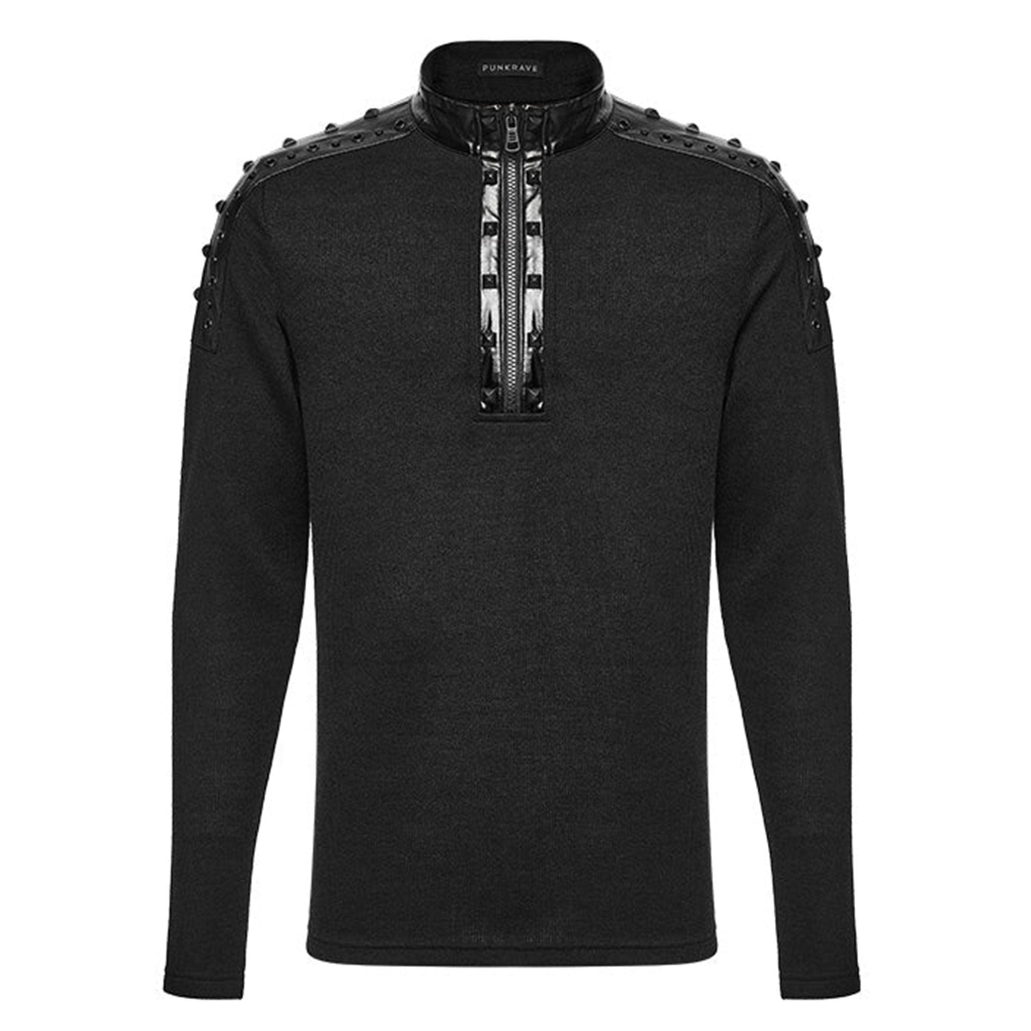 Polyester elastane knit-fabric viscose polyamide faux-leather apparel top shirt long-sleeve sleeves sleeved high-neck mock studs studded pyramid-studs nail-head eyelets zipper front-zip half-zip slim-fit soft stretchy shiny glossy textured layered fitted insulating comfortable smooth edgy fashion alt-fashion alternative punk rock goth gothic cyber heavy-metal industrial darkwear dark costume cosplay halloween afterdark-collection male masculine mas mens menswear guys dudes black