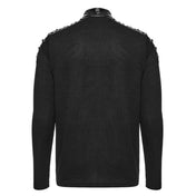 Polyester elastane knit-fabric viscose polyamide faux-leather apparel top shirt long-sleeve sleeves sleeved high-neck mock studs studded pyramid-studs nail-head eyelets zipper front-zip half-zip slim-fit soft stretchy shiny glossy textured layered fitted insulating comfortable smooth edgy fashion alt-fashion alternative punk rock goth gothic cyber heavy-metal industrial darkwear dark costume cosplay halloween afterdark-collection male masculine mas mens menswear guys dudes black
