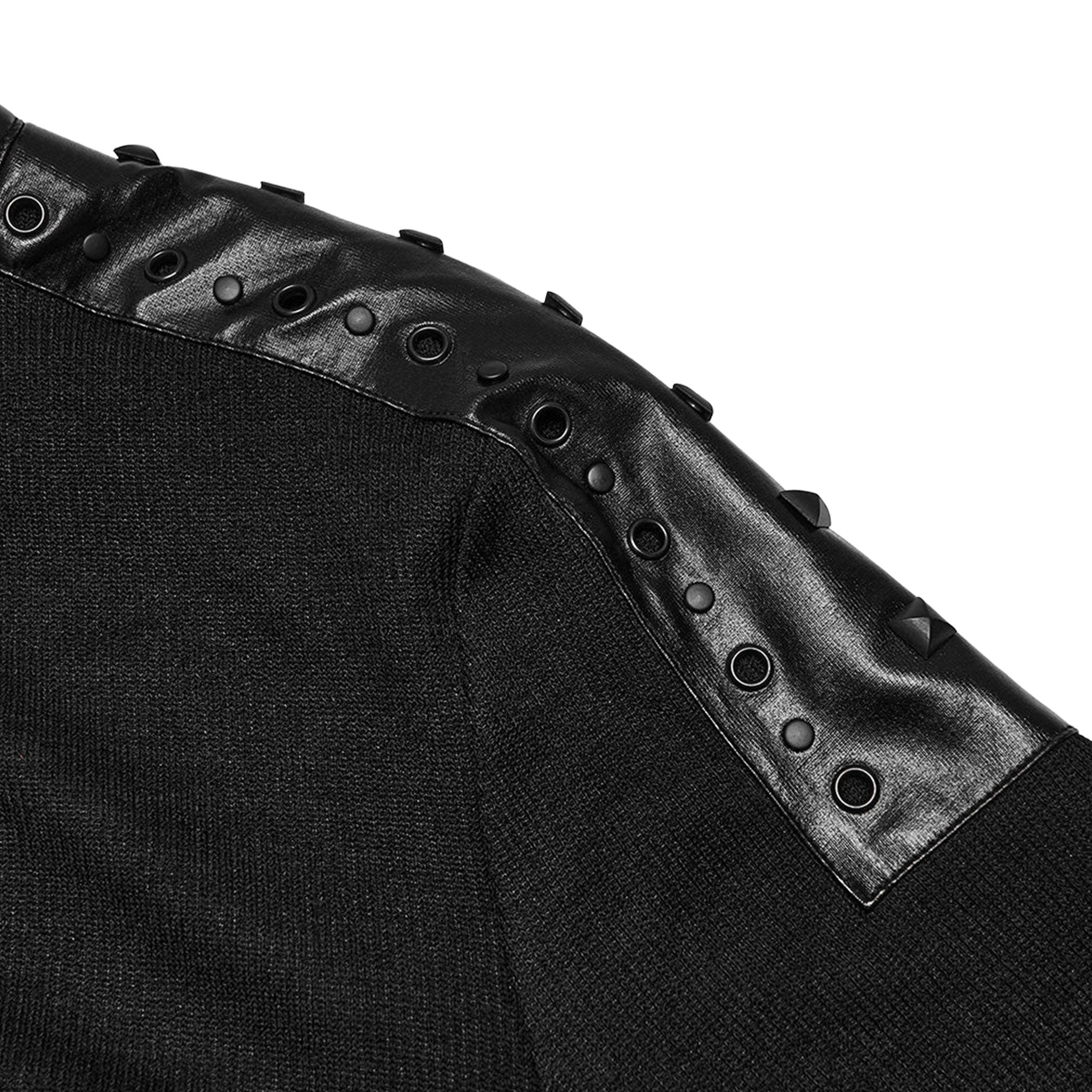 Polyester elastane knit-fabric viscose polyamide faux-leather apparel top shirt long-sleeve sleeves sleeved high-neck mock studs studded pyramid-studs nail-head eyelets zipper front-zip half-zip slim-fit soft stretchy shiny glossy textured layered fitted insulating comfortable smooth edgy fashion alt-fashion alternative punk rock goth gothic cyber heavy-metal industrial darkwear dark costume cosplay halloween afterdark-collection male masculine mas mens menswear guys dudes black