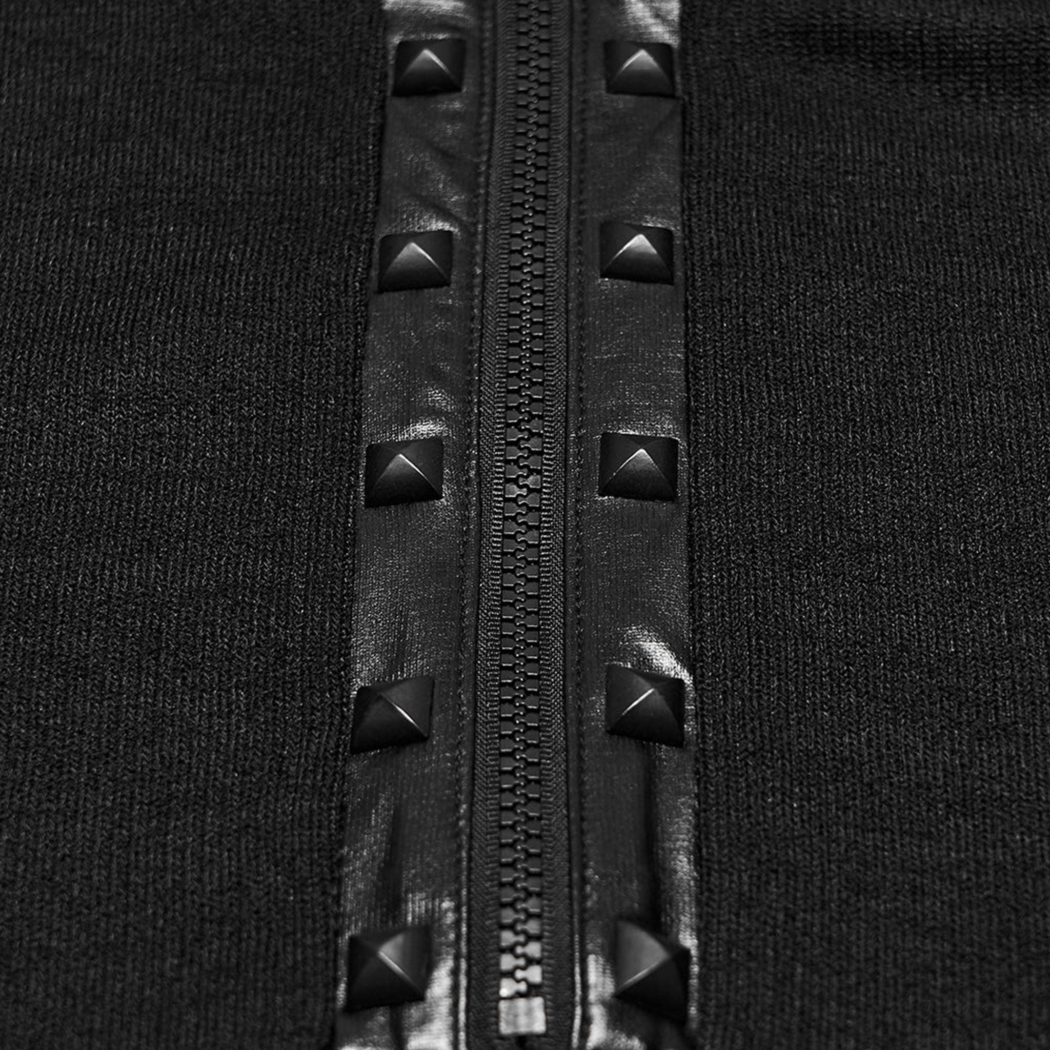 Polyester elastane knit-fabric viscose polyamide faux-leather apparel top shirt long-sleeve sleeves sleeved high-neck mock studs studded pyramid-studs nail-head eyelets zipper front-zip half-zip slim-fit soft stretchy shiny glossy textured layered fitted insulating comfortable smooth edgy fashion alt-fashion alternative punk rock goth gothic cyber heavy-metal industrial darkwear dark costume cosplay halloween afterdark-collection male masculine mas mens menswear guys dudes black