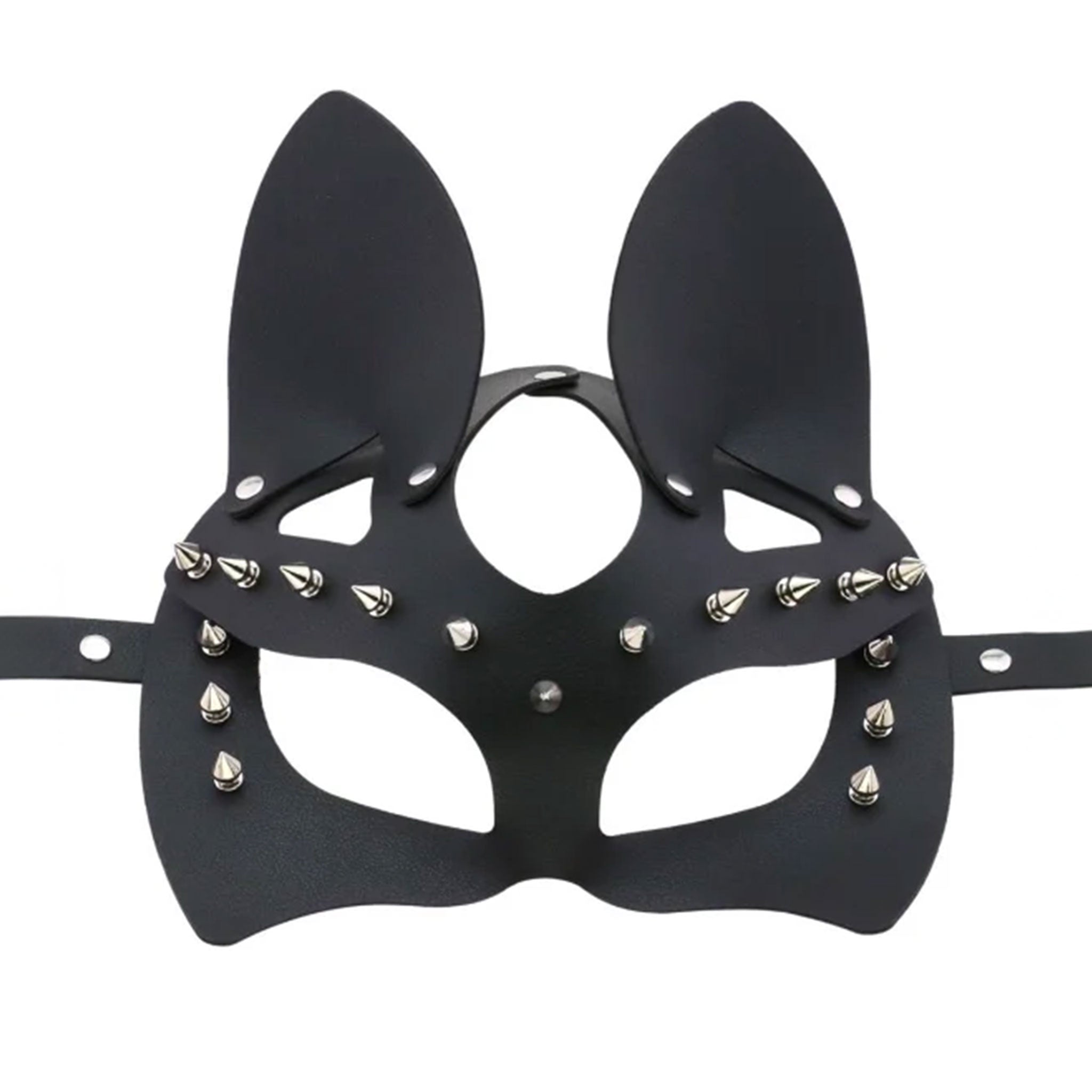 Leather PU-leather faux-leather accessories mask half-mask eye-mask face-mask cat-ears short-spikes spiked spikes studded-spikes adjustable buckle comfortable soft durable flexible edgy fetish fashion alt-fashion party masquerade rave ravewear raver-babe mardi-gras festivalwear pet-play kitty kitten cat feline costume cosplay halloween unisex black