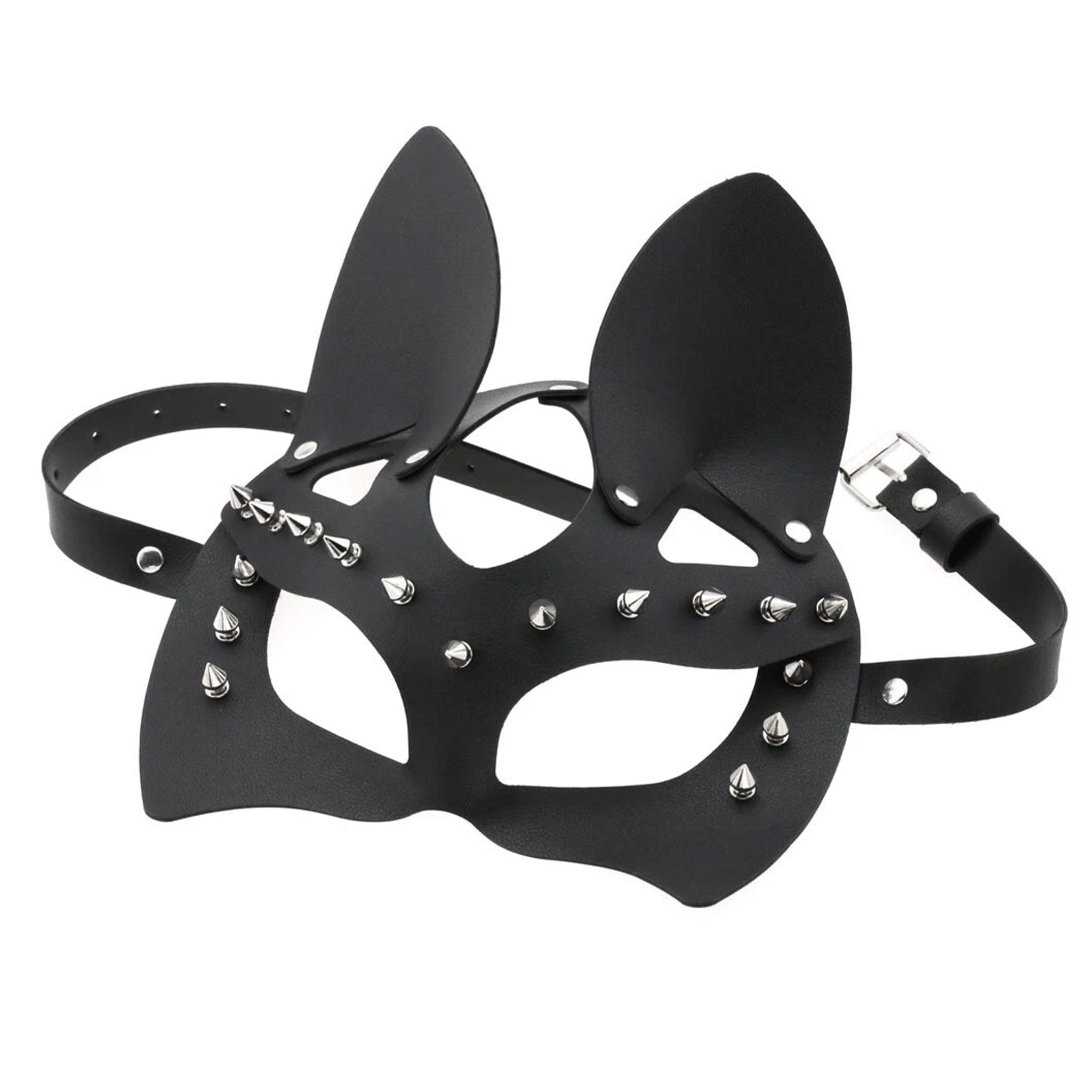 Leather PU-leather faux-leather accessories mask half-mask eye-mask face-mask cat-ears short-spikes spiked spikes studded-spikes adjustable buckle comfortable soft durable flexible edgy fetish fashion alt-fashion party masquerade rave ravewear raver-babe mardi-gras festivalwear pet-play kitty kitten cat feline costume cosplay halloween unisex black