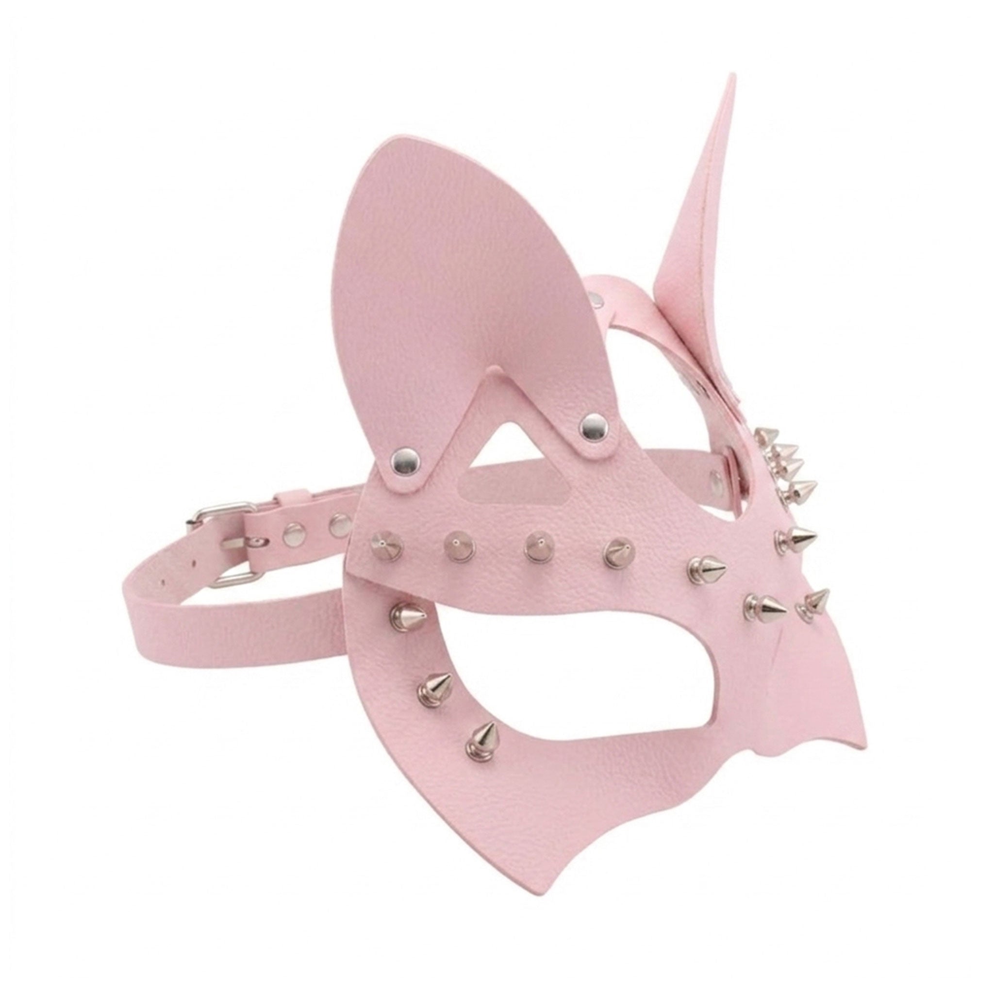 Leather PU-leather faux-leather accessories mask half-mask eye-mask face-mask cat-ears short-spikes spiked spikes studded-spikes adjustable buckle comfortable soft durable flexible edgy fetish fashion alt-fashion party masquerade rave ravewear raver-babe mardi-gras festivalwear pet-play kitty kitten cat feline costume cosplay halloween unisex pink