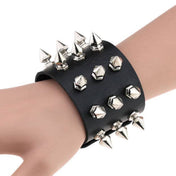 Leather genuine-leather accessories arm-gear jewelry bracelet wrist wrist-cuff spike spikes spiked hexagon-spikes hexagonal-spikes high-quality edgy trendy durable shiny glossy electroplated-finish striking stylish versatile fetish fashion alt-fashion alternative punk goth gothic cyber bondage bdsm bdsm-gear bdsm-toys bdsm-fashion kink kinky kinkwear kinkt-toys wrist-restraints costume cosplay halloween halloween-accessories gifts holiday-shop unisex black